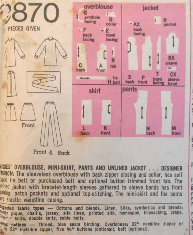 VINTAGE SIMPLICITY 8870 OVERBLOUSE-MINI SKIRT-PANTS-UNLINED JACKET SIZE 12 BUST 34 SEE LISTING