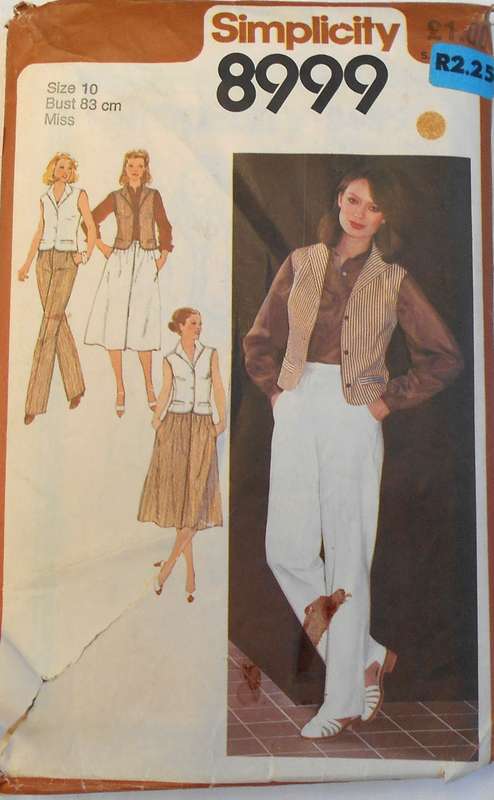 SIMPLICITY 8999 SKIRT-PANTS-LINED WAISTCOAT SIZE 10 BUST 83 CM -COMPLETE