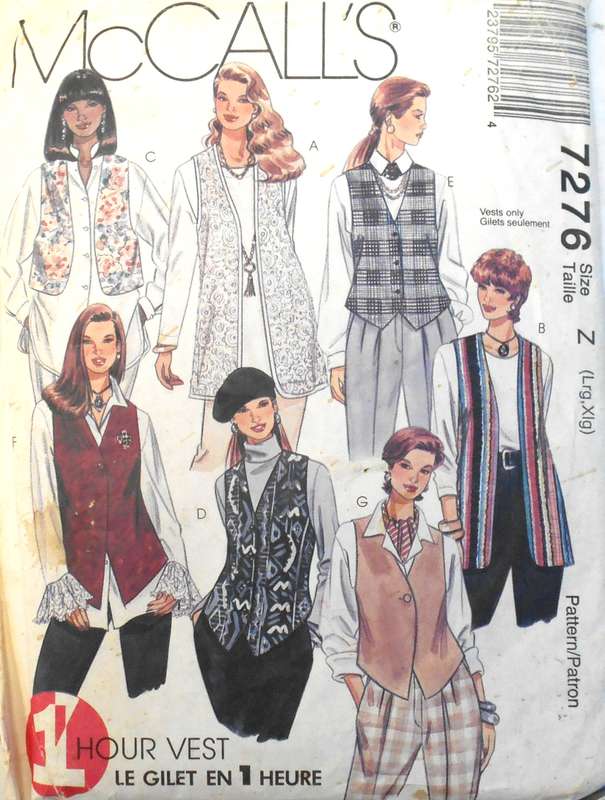 McCALLS 7276 UNLINED WAISTCOATS SIZE L-XL (16-22) COMPLETE-UNCUT-F/FOLDED