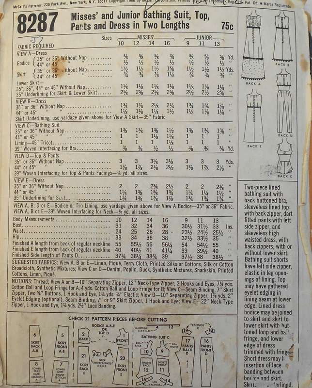 VINTAGE McCALLS 8287 BATHING SUIT-TOP-PANTS-DRESS SIZE 12 BUST 32 SEE LISTING