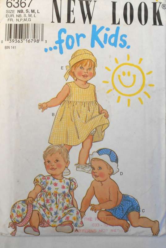 NEW LOOK PATTERNS 6367 INFANTS DRESS-PANTIES-2 HATS SIZE NB-S-M-L (7-24 LBS) COMPLETE-UNCUT-F/FOLDED