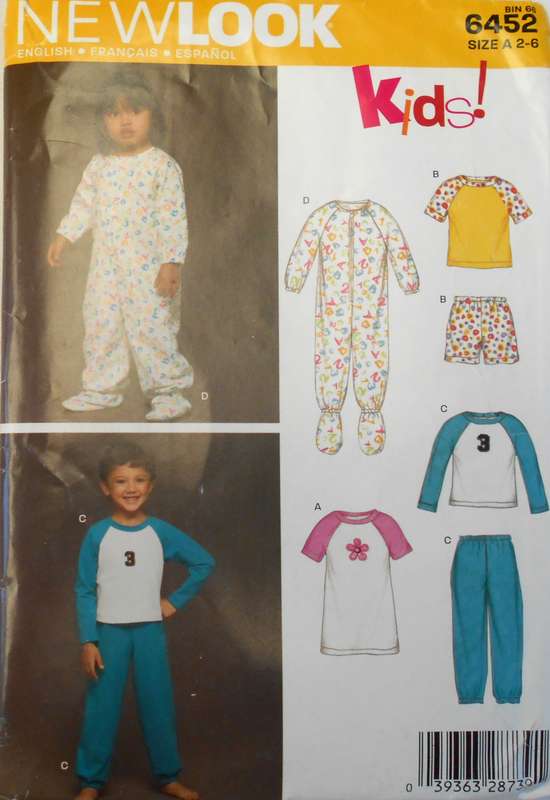 NEW LOOK PATTERNS 6452 TODDLER SLEEPSUIT-AND PJS SIZE 2-6 YEARS COMPLETE-CUT TO 6 YEARS