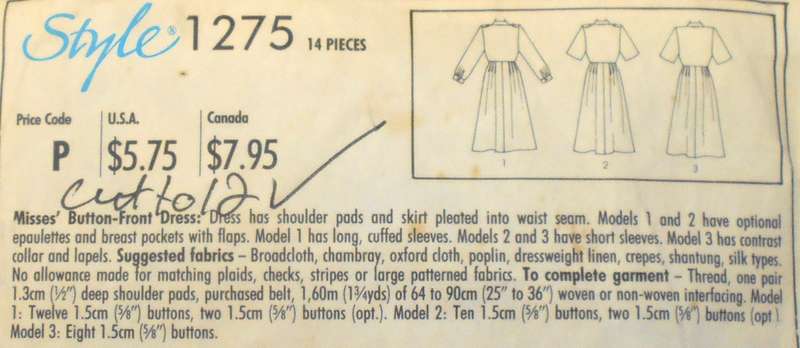 STYLE 1275 FRONT BUTTON SHIRT-DRESS SIZE 12-14-16 COMPLETE-CUT TO 12