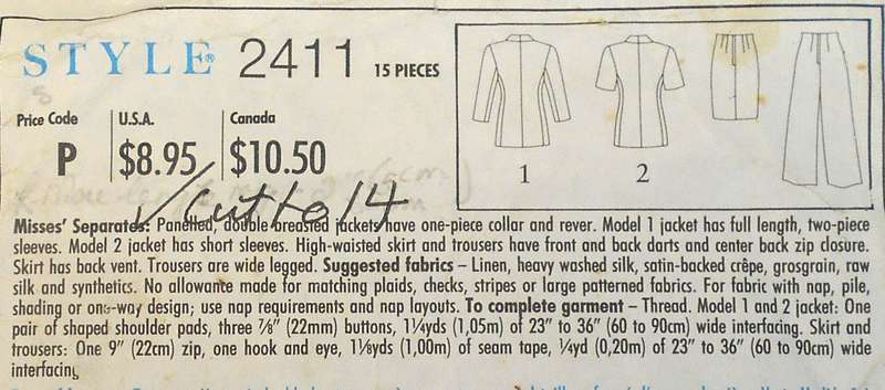 STYLE 2411 DOUBLE BREASTED JACKET-SHORT/LONG SLEEVES-SKIRT-PANTS SIZE 8-18 COMPLETE-CUT TO 14