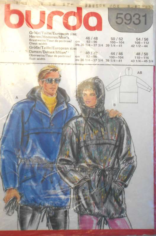 BURDA 5931 UNISEX WINTER HOODIE JACKET SIZE 40/42-44/46-46/48-48/50- 50/52-52/54- COMPLETE-UNCUT-F/F