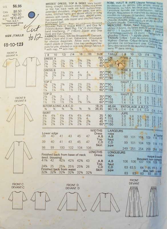 VOGUE 1831 DRESS -TOP-SKIRT SIZE 8-10-12 COMPLETE CUT TO 12