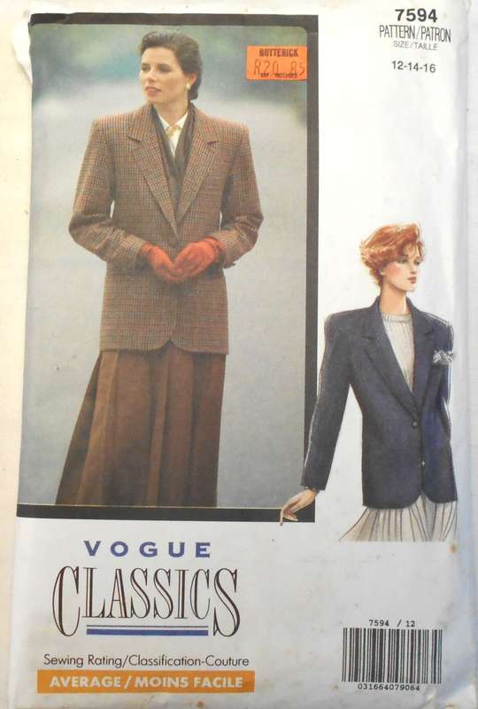 VOGUE CLASSIC 7594 SEMI FITTED LINED JACKET SIZE 12-14-16 COMPLETE-CUT TO 16