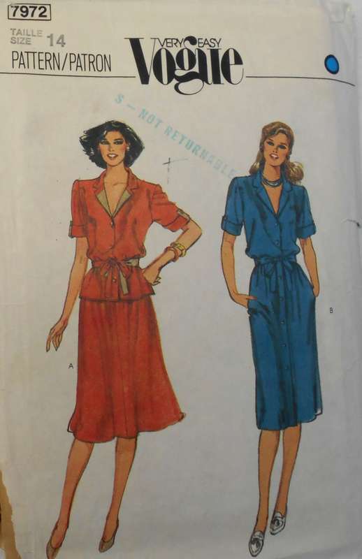 VOGUE 7972 DRESS-TOP-SKIRT-BELT SIZE 14 COMPLETE