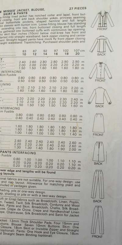 BUTTERICK 3036 JACKET-BLOUSE-SKIRT-PANTS SIZE 14 COMPLETE-ZIPLOC
