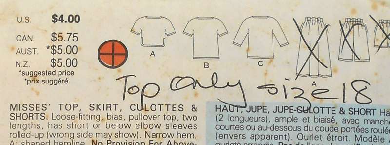 BUTTERICK 3307 TOP ONLY SIZE 18