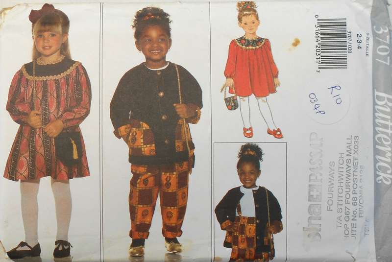 BUTTERICK 3707 KIDS JACKET-TOP-PANTS-DRESS-PURSE-PONYTAIL HOLDER SIZE 2-3-4 YEARS COMPLETE-UNCUT-F/F