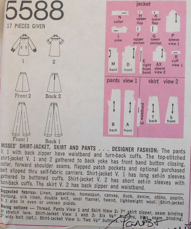 VINTAGE SIMPLICITY 5588 SHIRT JACKET-SKIRT-PANTS SIZE 14 BUST 36 COMPLETE-PANTS & SKIRT UNCUT