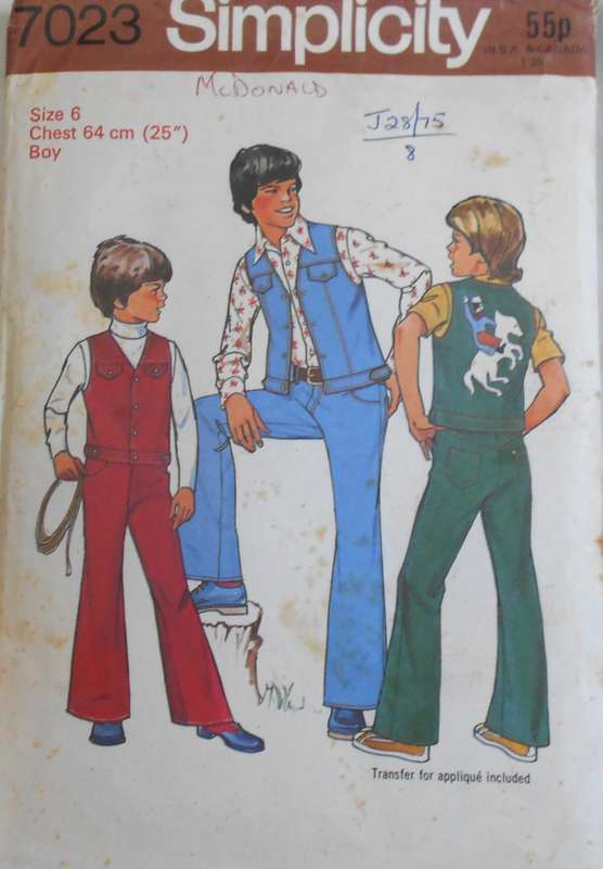 SIMPLICITY 7023 BOYS WAISTCOAT & JEANS + APPLIQUE SIZE 6 CHEST 64 CM - COMPLETE