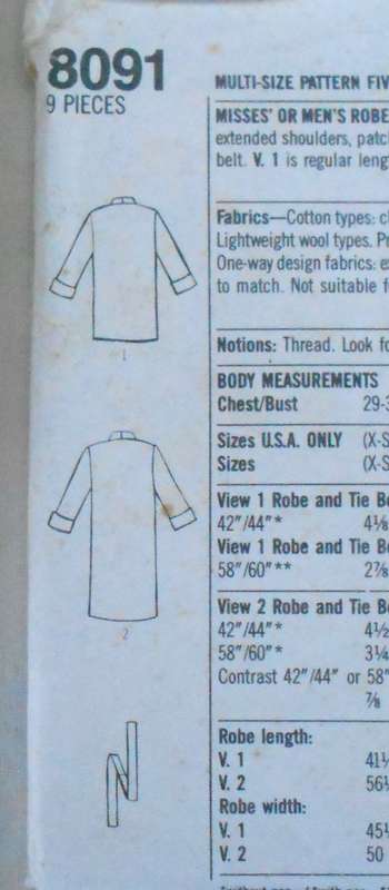 SIMPLICITY 8091 UNISEX FRONT WRAP ROBE SIZE XS-XL (29-44) COMPLETE-UNCUT-F/FOLDED