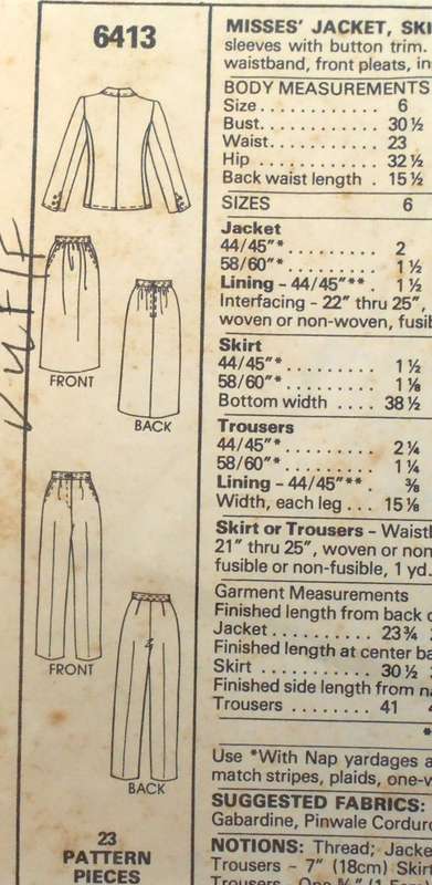 McCALLS 6413 LINED JACKET-SKIRT-PANTS SIZE 12 BUST 34 COMPLETE-UNCUT-F/FOLDED