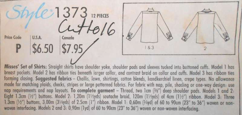 STYLE 1373 SET OF SHIRTS SIZE 10-16 COMPLETE CUT TO 16