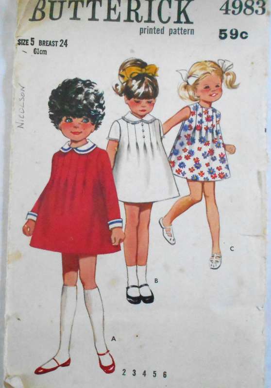 VINTAGE BUTTERICK 4983 GIRLSONE PIECE DRESS SIZE 5 YEARS BREAST 24 COMPLETE-ZIPLOC
