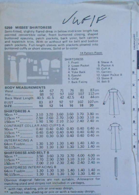 BUTTERICK 5259 SHIRTDRESS SIZE 14 BUST 92 CM COMPLETE-UNCUT-F/FOLDED