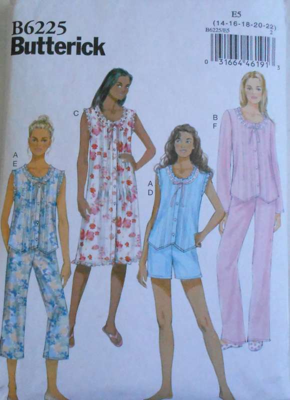BUTTERICK B6225 SLEEPWEAR TOP-GOWN-PANTS-SHORTS SIZE 14-22 COMPLETE CUT TO 22