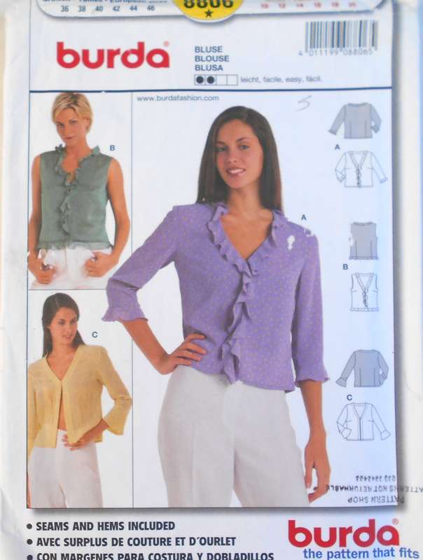 BURDA 8806 BLOUSE SIZE 10-20 COMPLETE -CUT TO 10