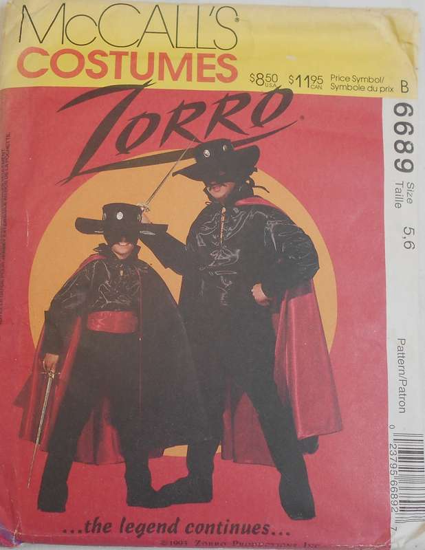 McCALLS COSTUMES 6689 ZORRO COSTUMES SIZE M 5-6 YEARS COMPLETE