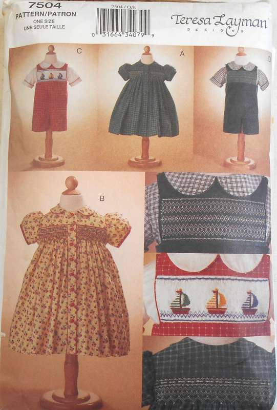 VOGUE 7504 TODDLERS DRESS-SHIRT-OVERALLS SIZE 1-4 YEARS COMPLETE-PART CUT WITH APPLIQUE & SMOCKING