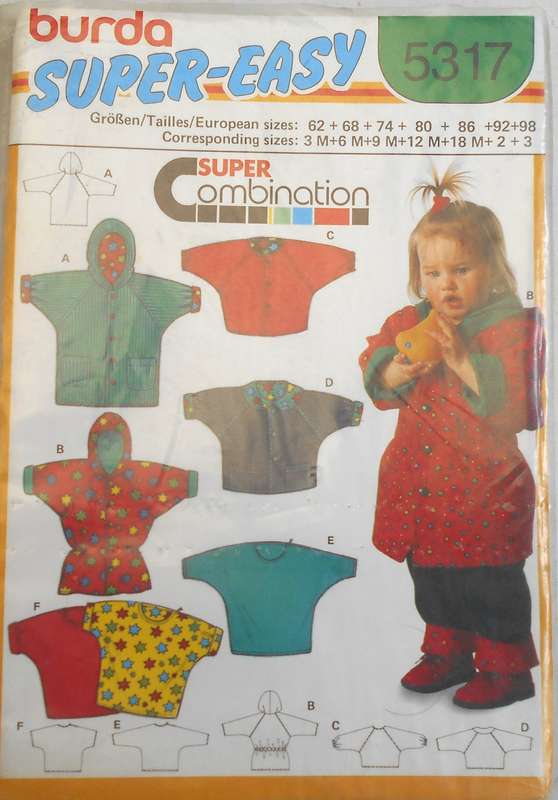 BURDA 5317 TODDLER TOP-JACKET & HOODIE SIZE 3-6-9-12-18 MONTHS -2-3 COMPLETE-UNCUT-F/FOLDED