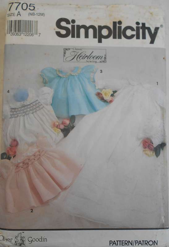 SIMPLICITY 7705 CHRISTENING GOWN-DRESS-SLIP-ROMPER-BONNET SIZE NB-12M CUT TO NB-SEE LISTING