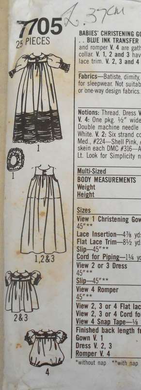 SIMPLICITY 7705 CHRISTENING GOWN-DRESS-SLIP-ROMPER-BONNET SIZE NB-12M CUT TO NB-SEE LISTING