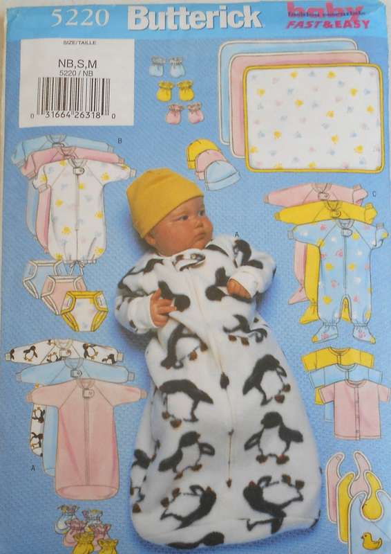 BUTTERICK 5220 INFANTS BUNTING-JUMPSUIT-SHIRT-DIAPER COVER-HAT-BIB-MITTENS-BOOTIES-BLANKET-CUT TO M