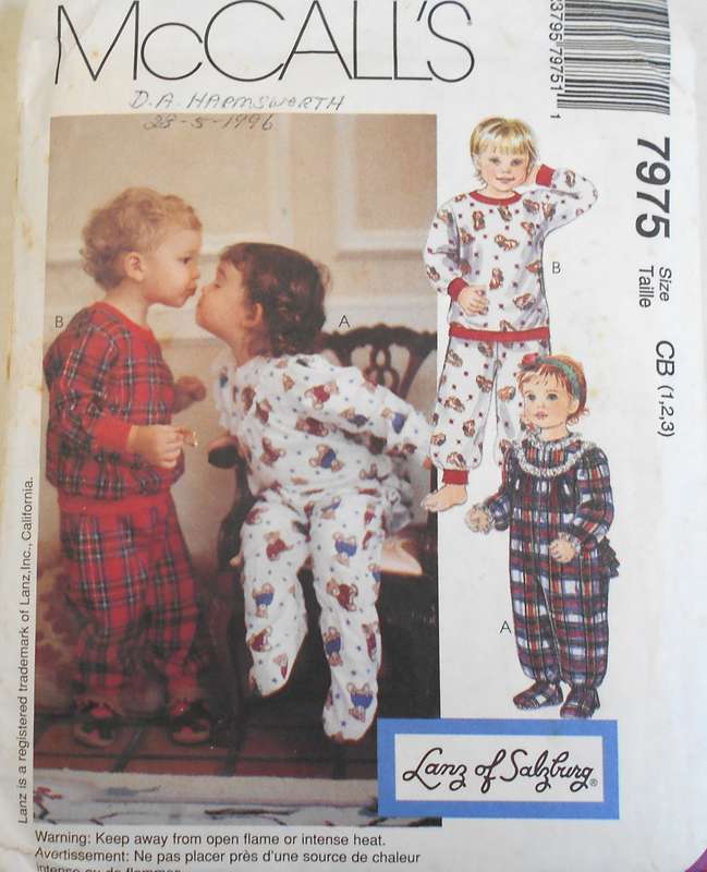 McCALLS 7975 TODDLERS ONE OR TWO PIECE PJS SIZE 1-2 3 YEARS COMPLETE-PART CUT TO 3