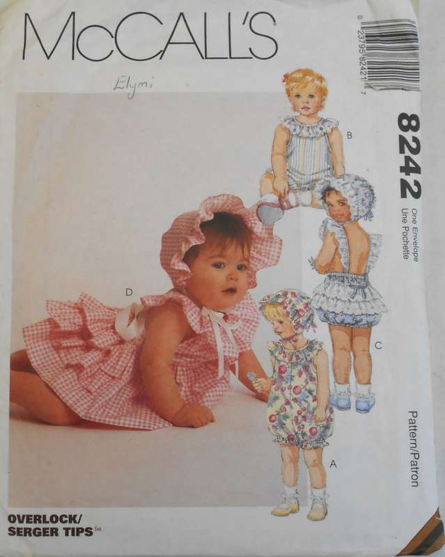 McCALLS 8242 INFANTS ROMPERS-DRESS-BONNET SIZE 13-24 LB COMPLETE-CUT TO XL PATTERN WORN IN PARTS