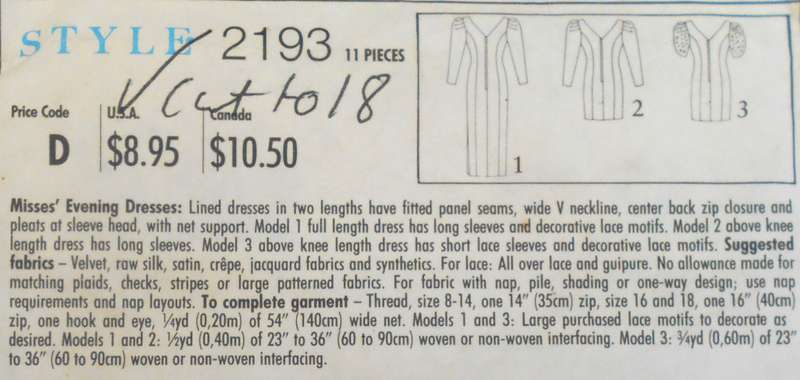 STYLE 2193 STUNNING EVENING DRESS SIZE 8-18 COMPLETE-CUT TO 18