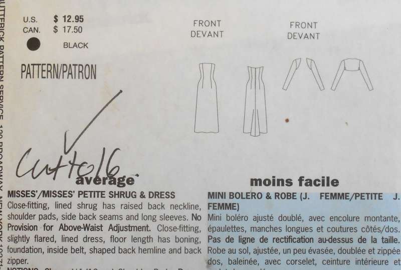 BUTTERICK 6533 CLOSE-FITTING SHRUG & DRESS+RAISED BACK NECKLINE SIZE 12-14-16 COMPLETE-CUT  TO 16