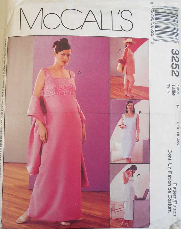 McCALLS 3252 MATERNITY DRESS IN 2 LENGTHS-TOP-PULL ON CAPRI PANTS-SKIRT-STOLE SIZE 16-18-20 COMPLETE