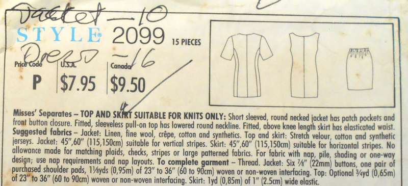 STYLE 2099 TOP & SKIRT - SUITABLE FOR KNITS SIZE 6-16 COMPLETE-JACKET CUT TO 10 DRESS CUT TO 16