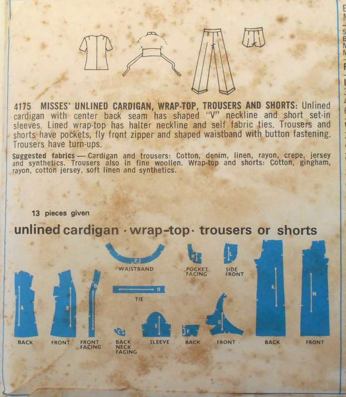 VINTAGE STYLE 4175 UNLINED CARDIGAN-WRAP TOP-PANTS-SHORTS SIZE 14 BUST 36 COMPLETE
