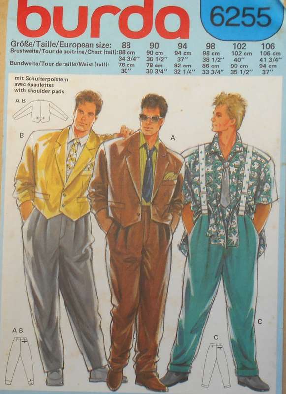 BURDA 6255 MENS JACKET & PANTS SIZE CHEST   88 - 108 CM COMPLETE-PART CUT TO 90 CM