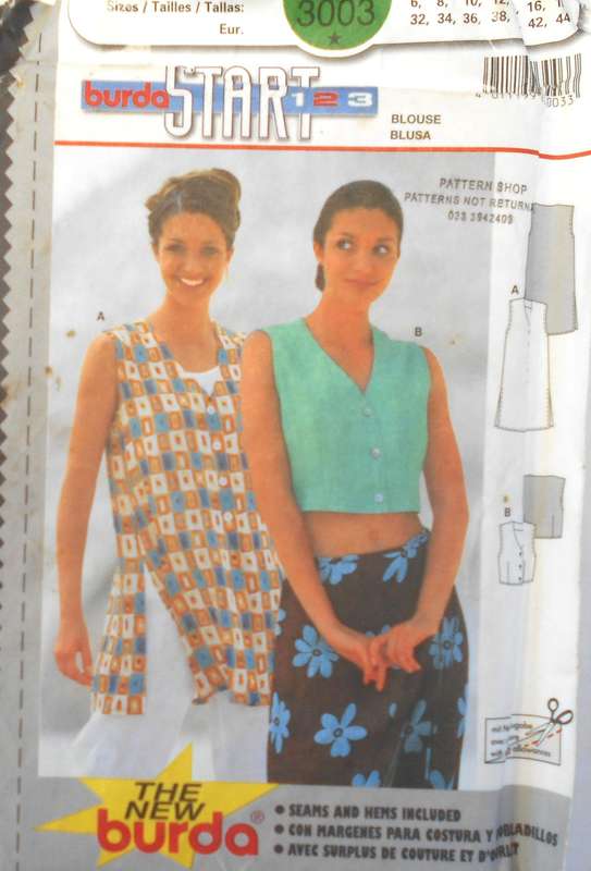 BURDA 3003 BLOUSE SIZE 6-16 COMPLETE-UNCUT-F/ FOLDED