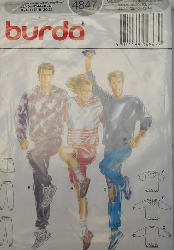 BURDA 4847 UNISEX TRACKSUIT HOODIE-TOP-PANTS SIZE 34/36-38/40-42/44 COMPLETE-NO SEWING INSTRUCTIONS
