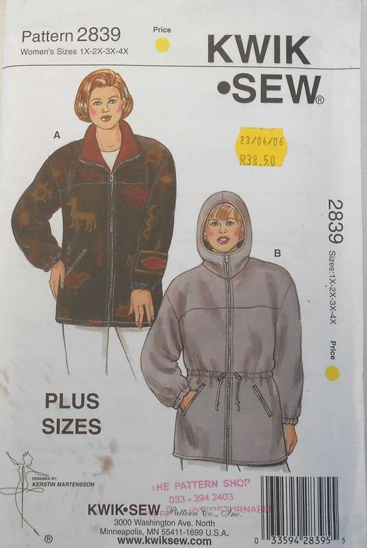 KWIK SEW 2839 WOMENS JACKET+HOODIE PLUS SIZES  1X-2X-3X-4X (114-144 CM) COMPLETE-UNCUT-F/FOLDED