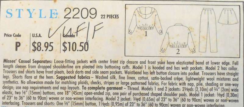 STYLE 2209 LOOSE FITING JACKETS-PANTS-SHORTS SIZE 6-16 COMPLETE-UNCUT-F/FOLDED