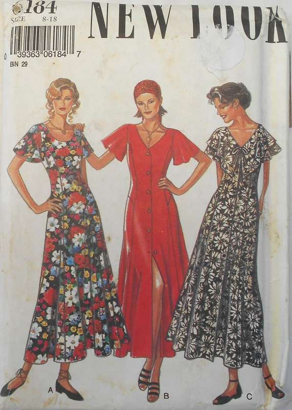 NEW LOOK PATTERNS 6184 V NECK FRONT BUTTON PANELLED FLARED DRESS SIZE 8-18 COMPLETE-UNCUT-F/FOLDED