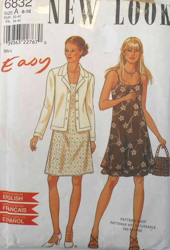 NEW LOOK PATTERNS 6832 SHOESTRING STRAP DRESS-JACKET SIZE 6-16 COMPLETE-PART CUT ONLY 2 PIECES