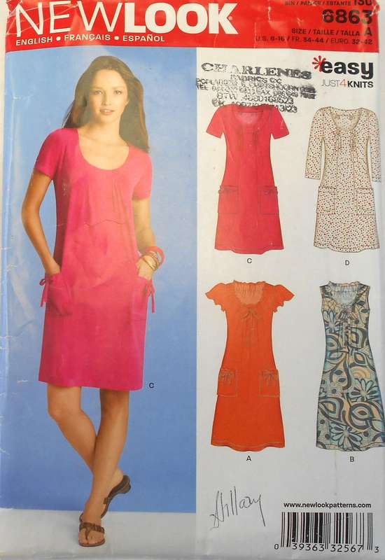 NEW LOOK PATTERNS 6863 DRESS WITH FRONT POCKETS & SLEEVE VARIATIONS SIZE 6-16 COMPLETE CUT TO 14