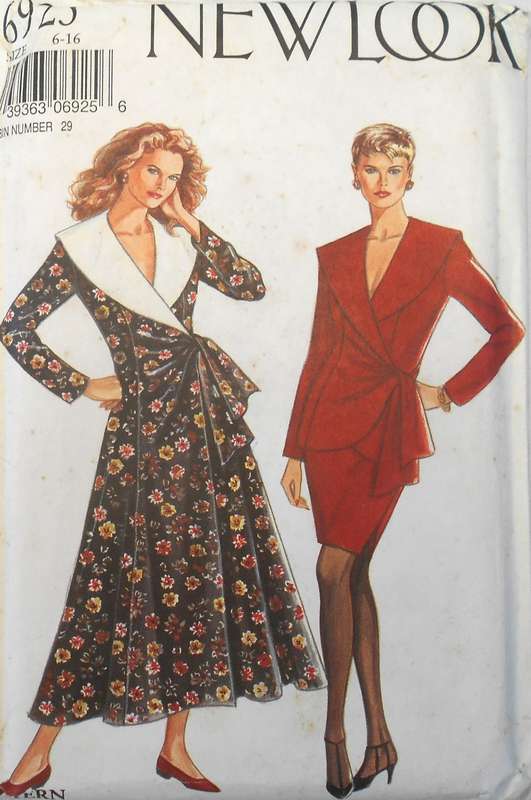 NEW LOOK PATTERNS 6925 FRONT WRAP COLLARED DRESS-TOP & SKIRT SIZE 6-16 COMPLETE-UNCUT-F/FOLDED
