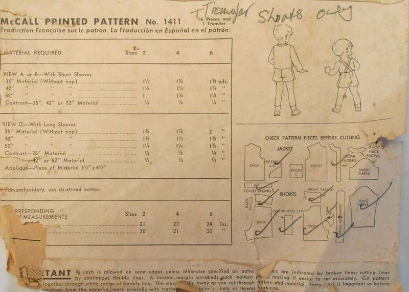 V/VINTAGE McCALLS 1141 SHORTS & SUSPENDER+TRANSFER SIZE 4 YEARS NO JACKET PATTERN-ZIPLOC