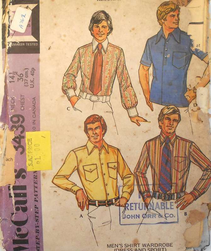 VINTAGE McCALLS 3439 MENS SHIRT-DRESS & SPORT SIZE 14 1/2 36" COMPLETE-ZIPLOC