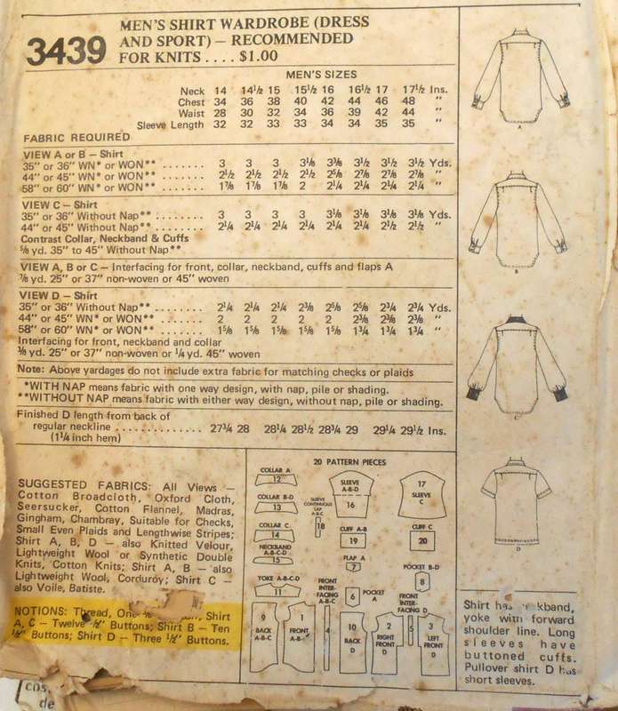 VINTAGE McCALLS 3439 MENS SHIRT-DRESS & SPORT SIZE 14 1/2 36" COMPLETE-ZIPLOC