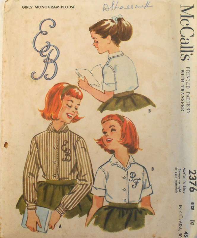V/VINTAGE McCALLS 2376 GIRLS MONGRAM BLOUSE SIZE 10 YEARS COMPLETE-UNCUT-F/FOLDED + TRANSFER